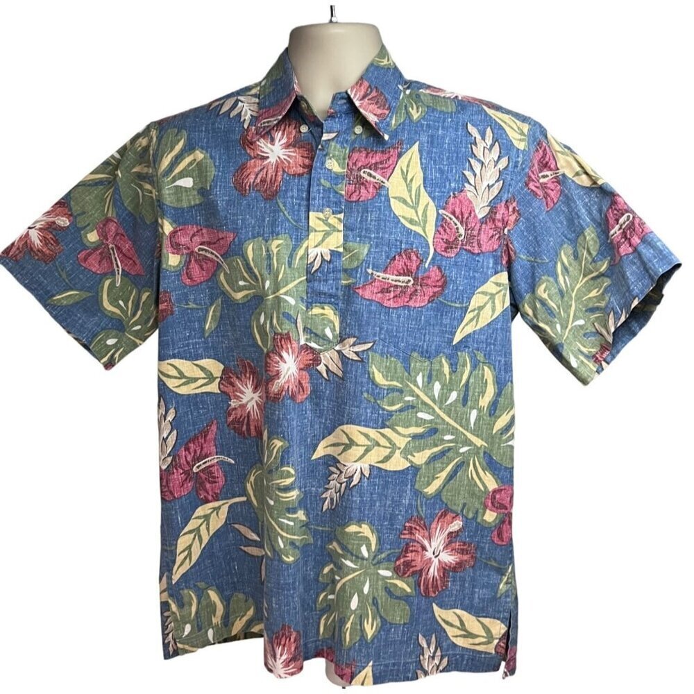 Reyn Spooner Hawaiian Aloha Floral Reverse Print Pullover Shirt Medium Pocket